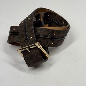 Michael Kors Waist Belt Brown PVC Monogram Gold Pin Buckle Adjustable L